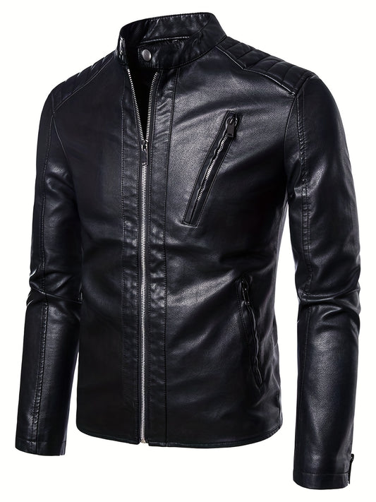 Men's Casual PU Biker Jacket Stand Collar Zipper Pocket Faux Leather Jacket Coat