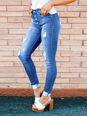 Ripped Skinny Jeans Slash Pockets Distressed Slim Fit Button Denim Pants