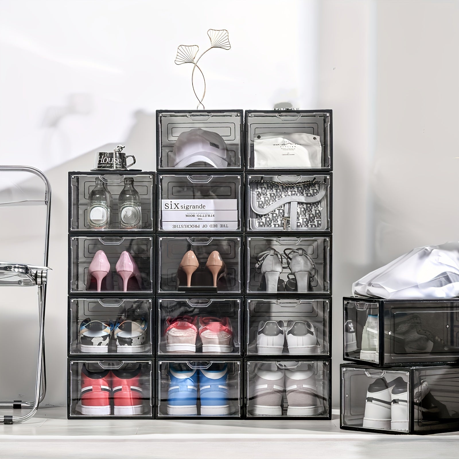 6pcs Plastic Shoe Storage Box with Door, Space Saving Organizer