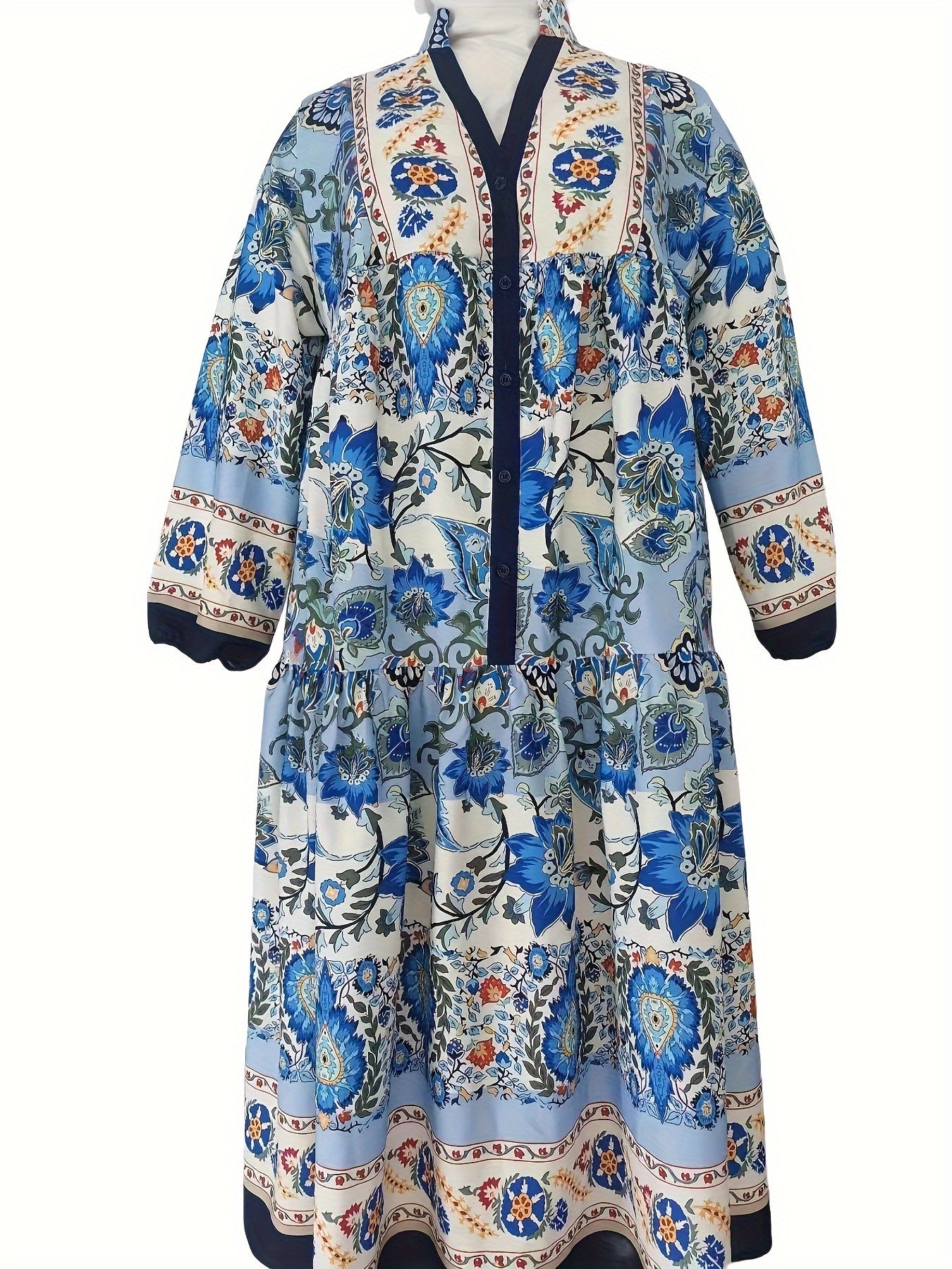  Floral Print Lantern Sleeve Button Up Abaya Dress