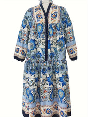  Floral Print Lantern Sleeve Button Up Abaya Dress