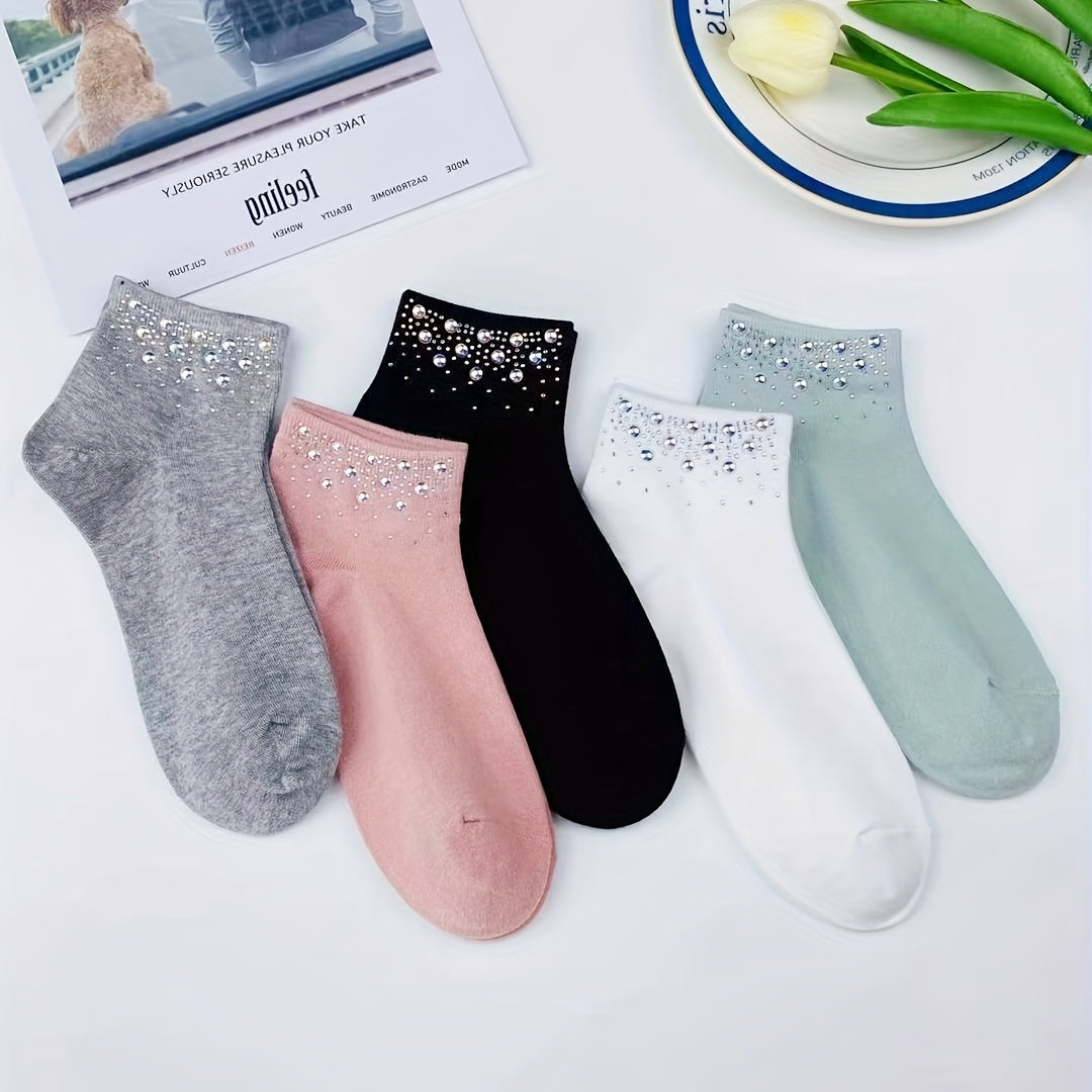 Women's Rhinestone Decor Crew Socks - Soft & Warm Short Stockings