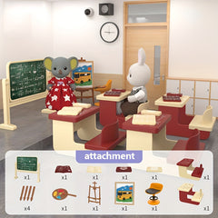 Classroom Dollhouse Accessory Kit Colorful Desk Chairs Blackboard Easel Playset
