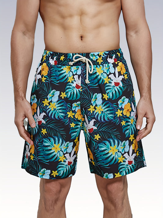 Tropical Flowers & Leaves Print Drawstring Shorts Men's Lounge Shorts