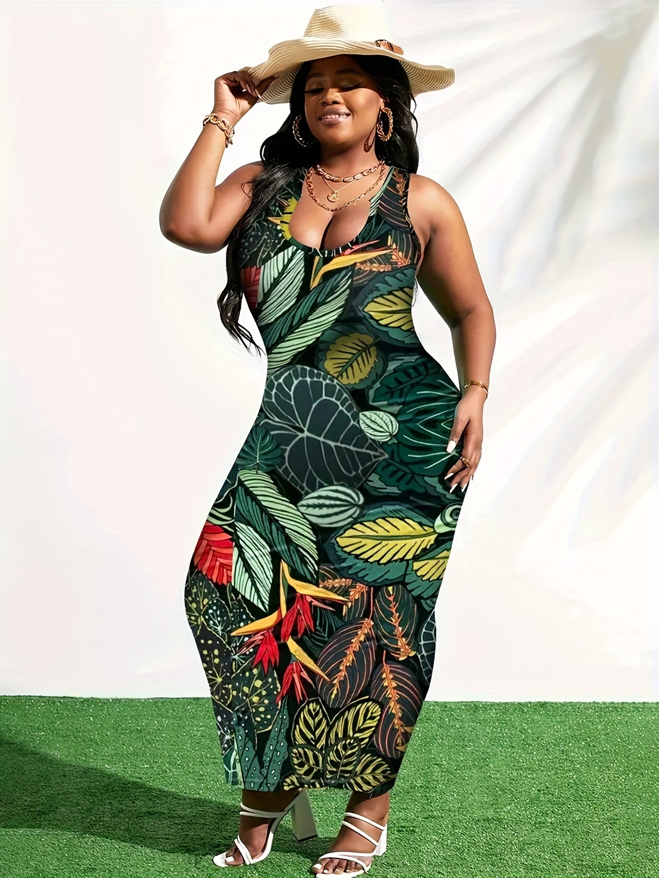  Women's Leaf Print Halter Neck Maxi Dress