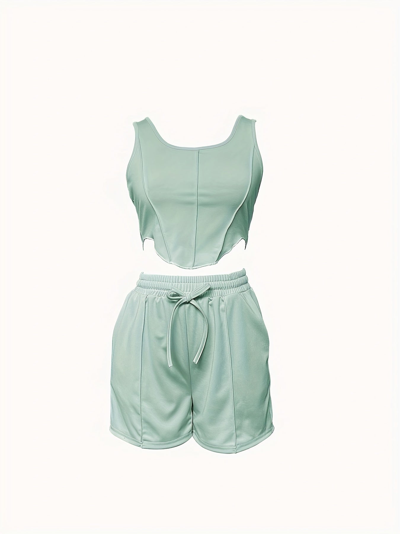 Casual Top Stitching Two-piece Set Crop Tank Top & Drawstring Shorts