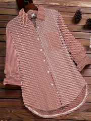  Stripe Print Button Up Long Sleeve Blouse
