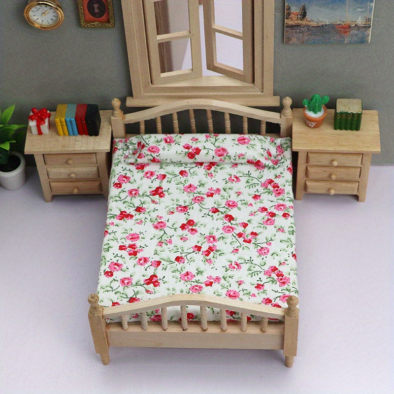 1/12 Scale Wooden Twin Bed Frame with Floral Bedding