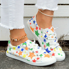 Women's Star Printed Canvas Shoes Colorful Lace Up Low Top Flat Shoes