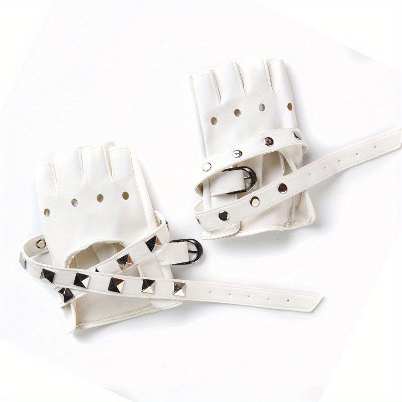 Punk PU Leather Half Finger Gloves Rivet Gothic Hollow Out Gloves Women