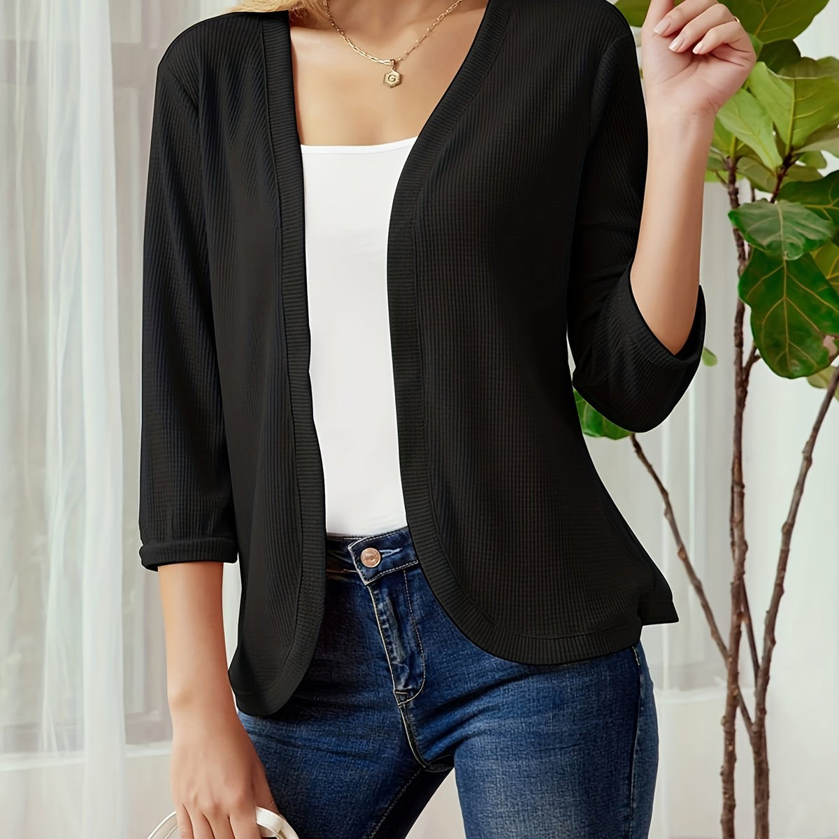 Ribbed Knit 3/4 Sleeve Cardigan for Women