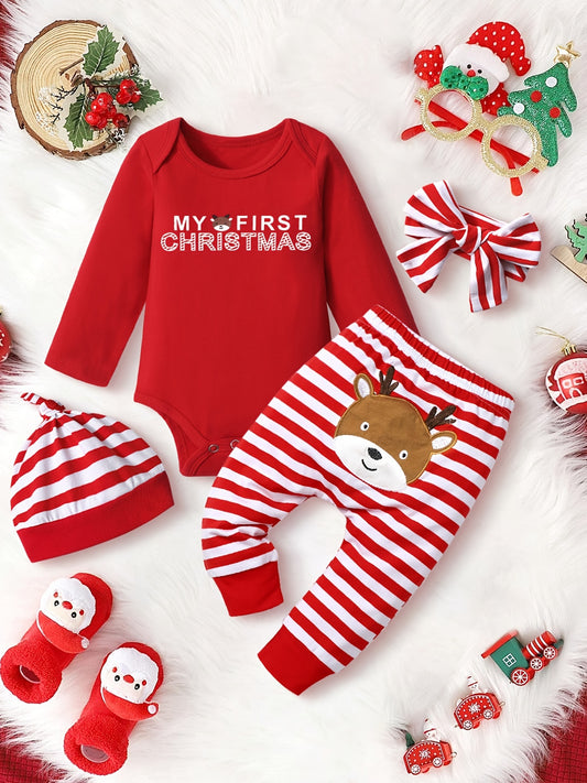 Baby Girls Christmas Outfit Long Sleeve Romper & Striped Pant Set