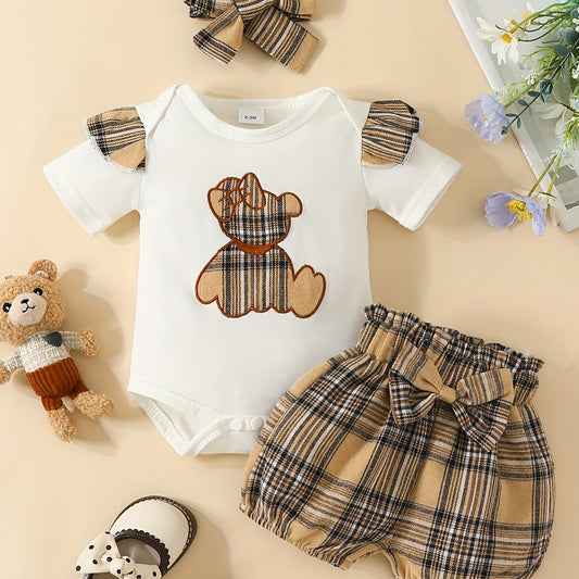 Baby Girls Plaid Bear T shirt & Bow Shorts Set