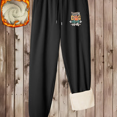  Casual Pants Women's Plus Letter & Paw Print Elastic Drawstring Fleece