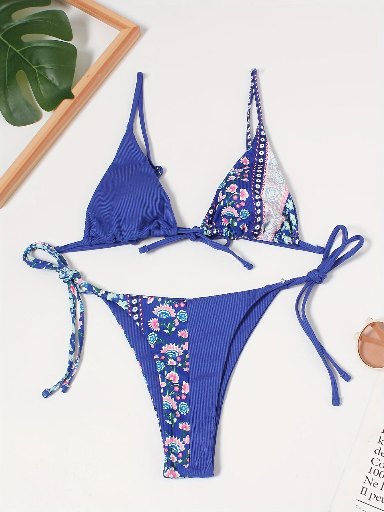 Floral Print Patchwork Bikini Sets Tie Back Backless Beachwear 2 Pieces Swimsuit