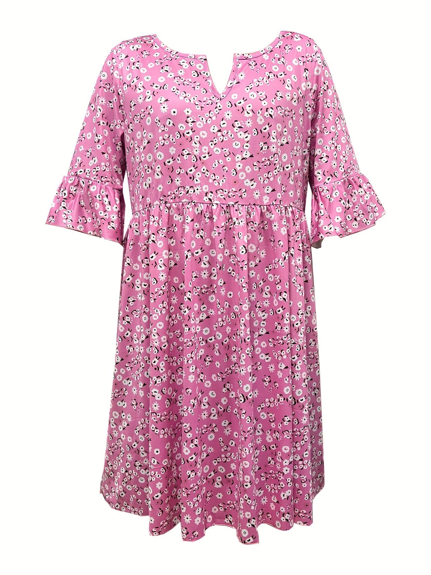  Ditsy Floral Print Bell Sleeve V Neck Casual Dress