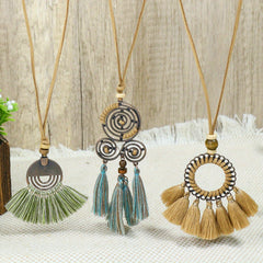 Boho Ethnic Tassel Pendant Necklaces Retro Rhinestone Drip Oil Alloy Necklace