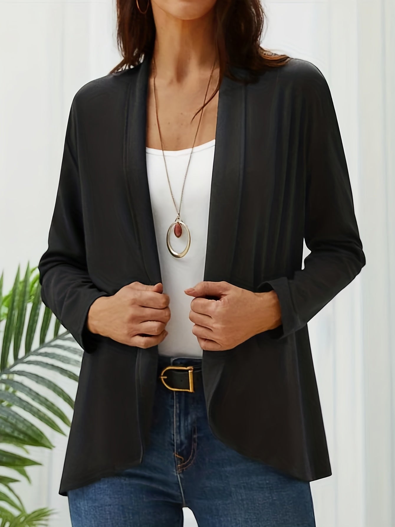  Solid Long Sleeve Open Front Cardigan