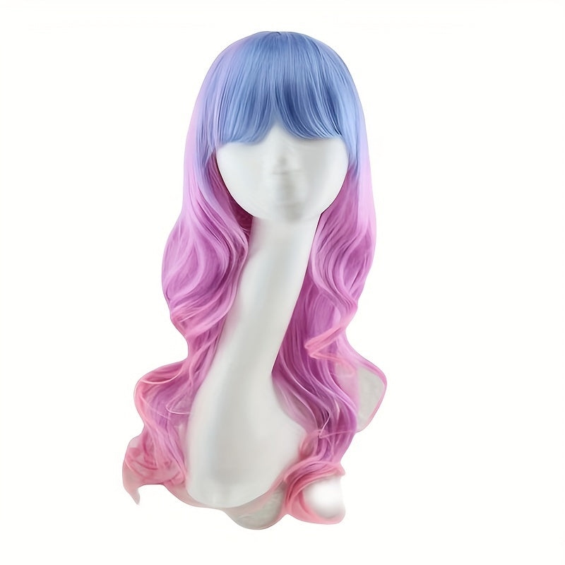 Pink Gradient Curved Wavy Long Wig with Unicorn Hair Band