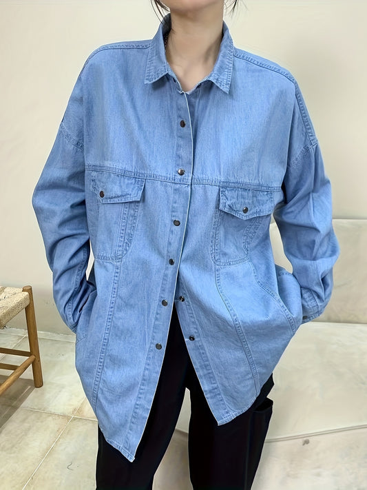  Casual Denim Top Women's Plus Solid Pipping Button Down Long Sleeve
