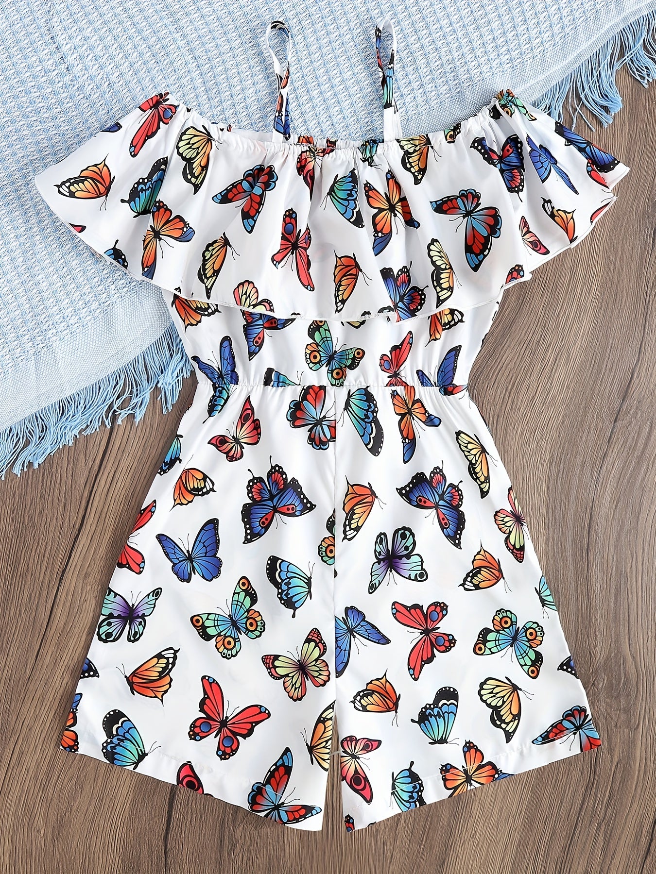 Girls Butterfly Graphic Cold Shoulder Ruffle Trim Romper Jumpsuits
