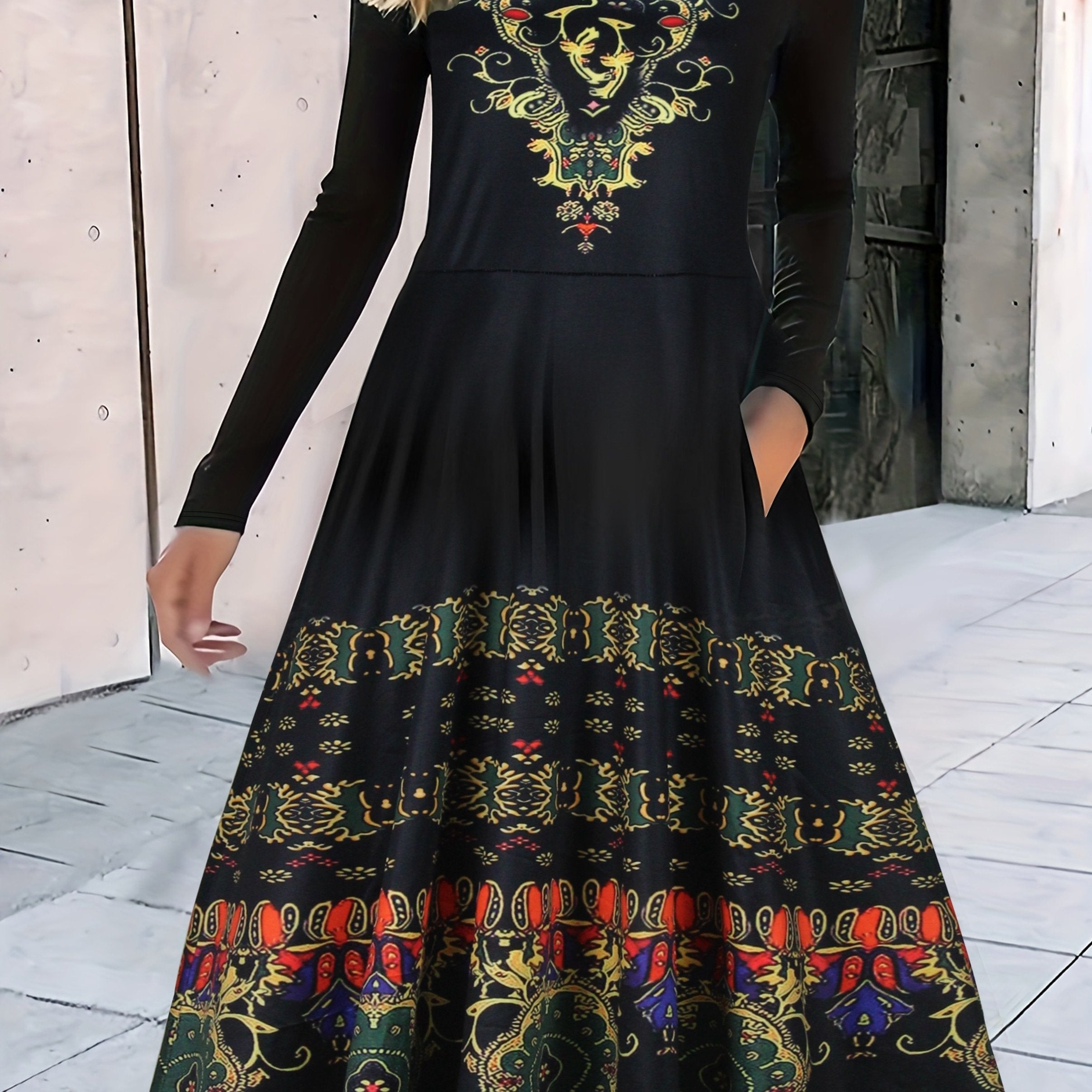  Boho Dress Women's Plus Floral Print Long Sleeve Round Neck Dress