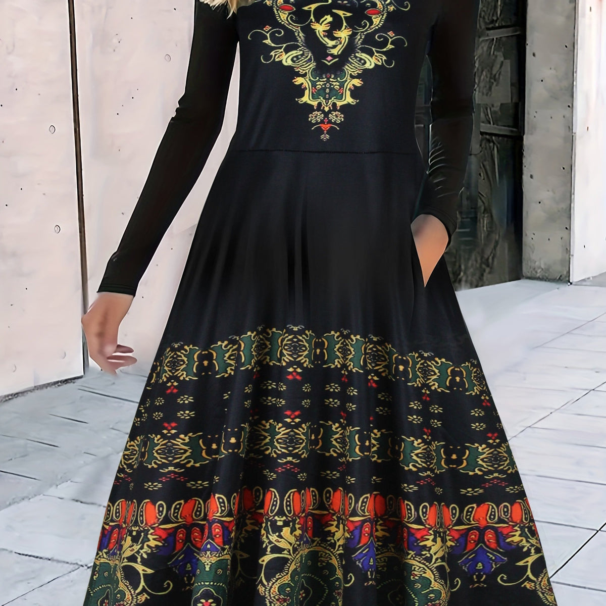  Boho Dress Women's Plus Floral Print Long Sleeve Round Neck Dress