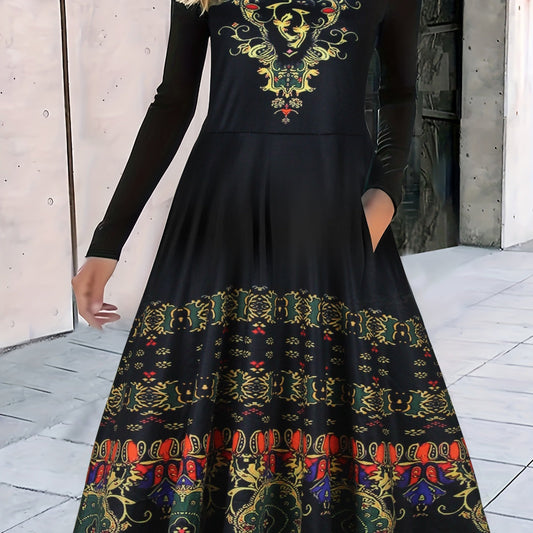  Boho Dress Women's Plus Floral Print Long Sleeve Round Neck Dress