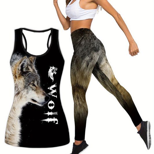 Plus Size Women's Wolf Print Tank Top & Leggings Yoga Set