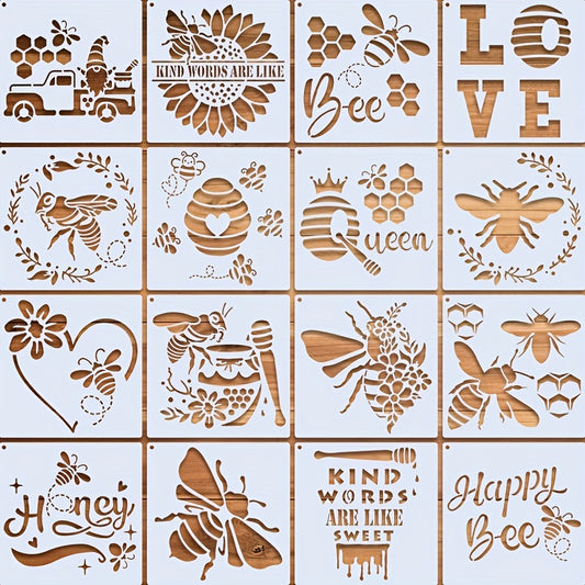 16pcs Reusable Bee Stencils for Honeycomb Designs on Wood Fabric and Walls