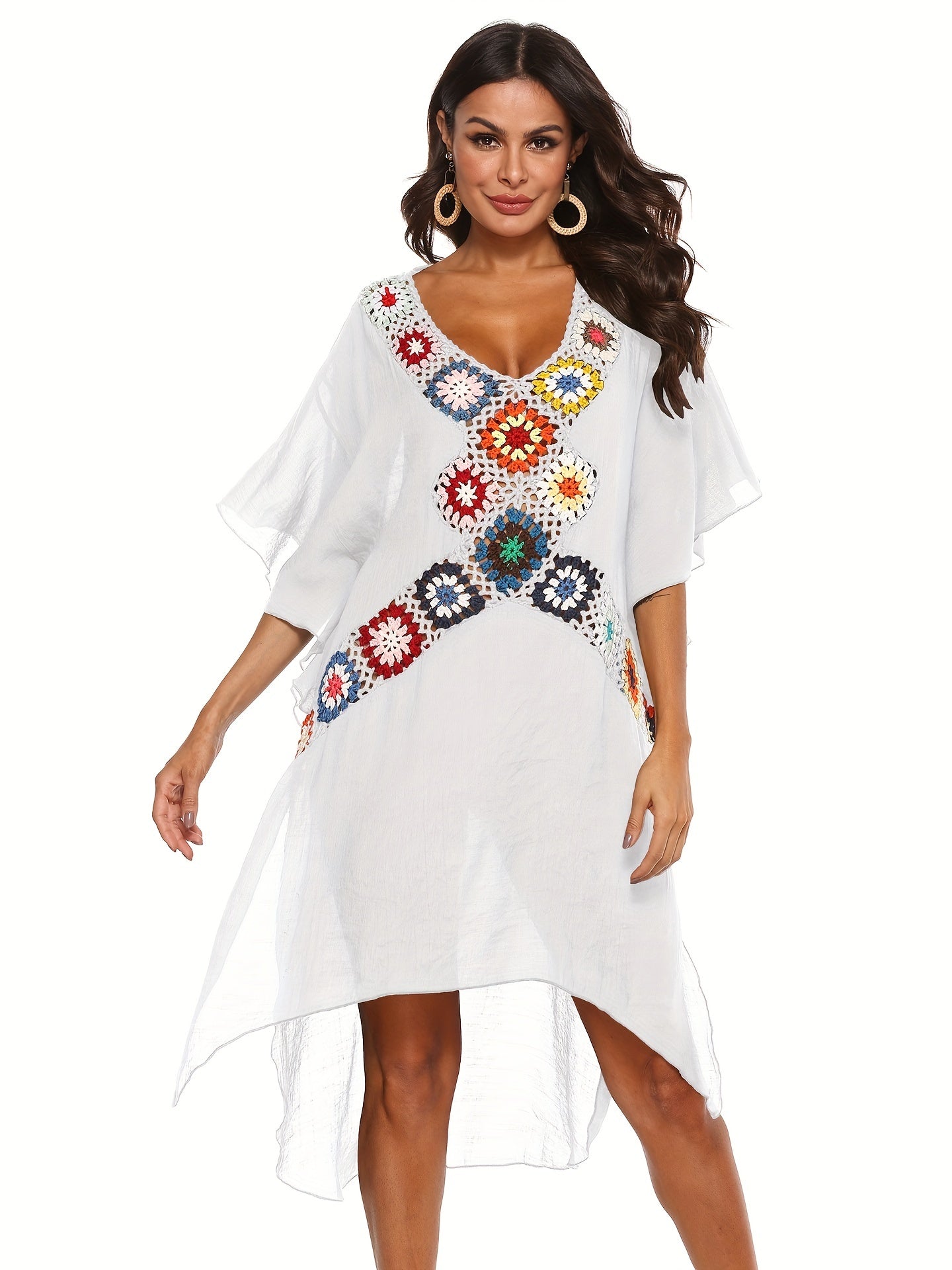 Crochet Floral Decor Beach Dress V Neck Semi Sheer Split Kaftan