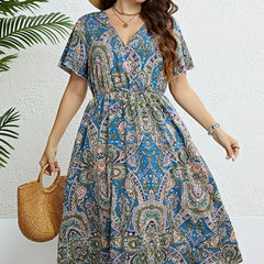  Boho Paisley Print Flare Sleeve Dress