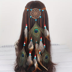 Boho Peacock Feather Hair Rope Headband Hippie Hair Accessories