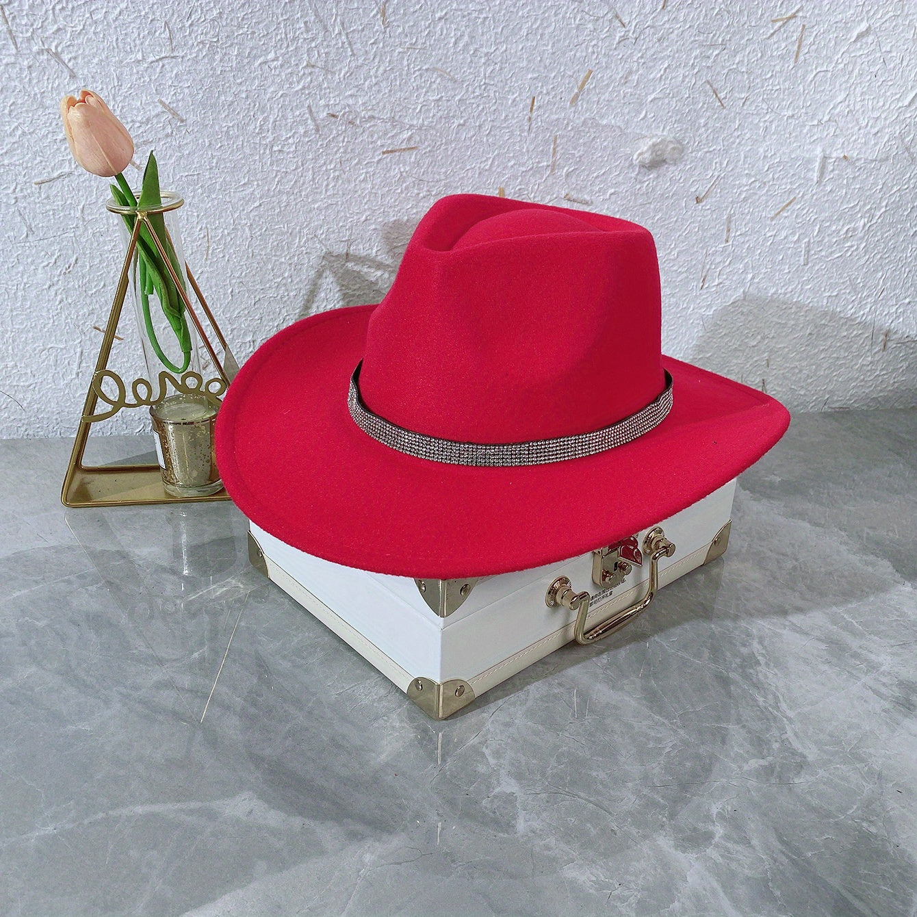 Red Rhinestone Fedora Cap Wide Brim Hat