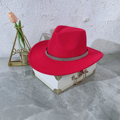Red Rhinestone Fedora Cap Wide Brim Hat