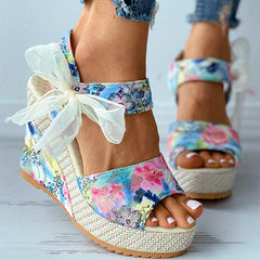Floral Print Wedge Sandals Peep Toe Platform Shoes Hook & Loop Strap