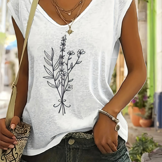 Plant Print V-neck Tank Top Sleeveless Casual Summer Women's Clothing