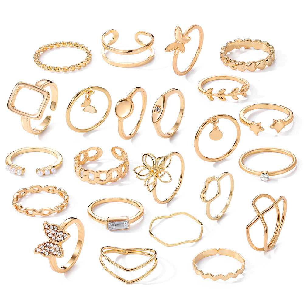 23pcs Exaggerated Flower Butterfly Rhinestone Pearl Ring Set Women's Joint Ring