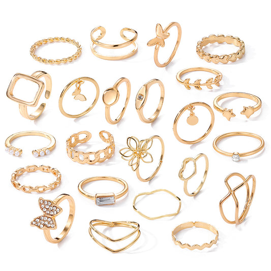 23pcs Exaggerated Flower Butterfly Rhinestone Pearl Ring Set Women's Joint Ring