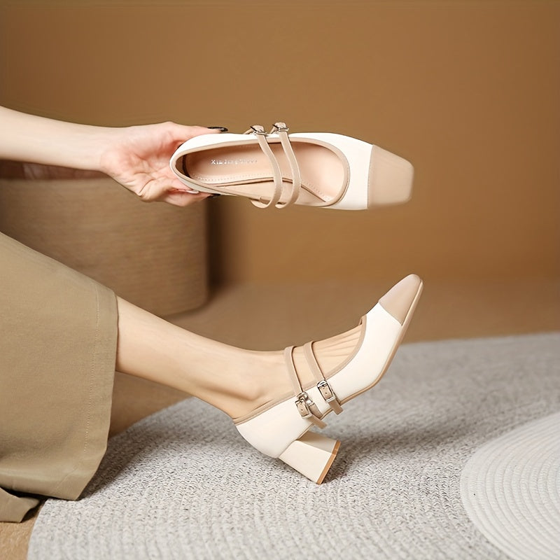 Colorblock Chunky Heels Square Toe Buckle Strap Shoes Dress Pumps