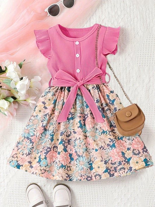 Toddler Girls Ruffle Trim Flowers Graphic Belted Spliced Princess Dress