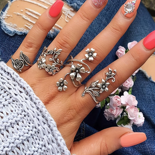 Boho Flower Stackable Leaf Finger Rings Set of 4