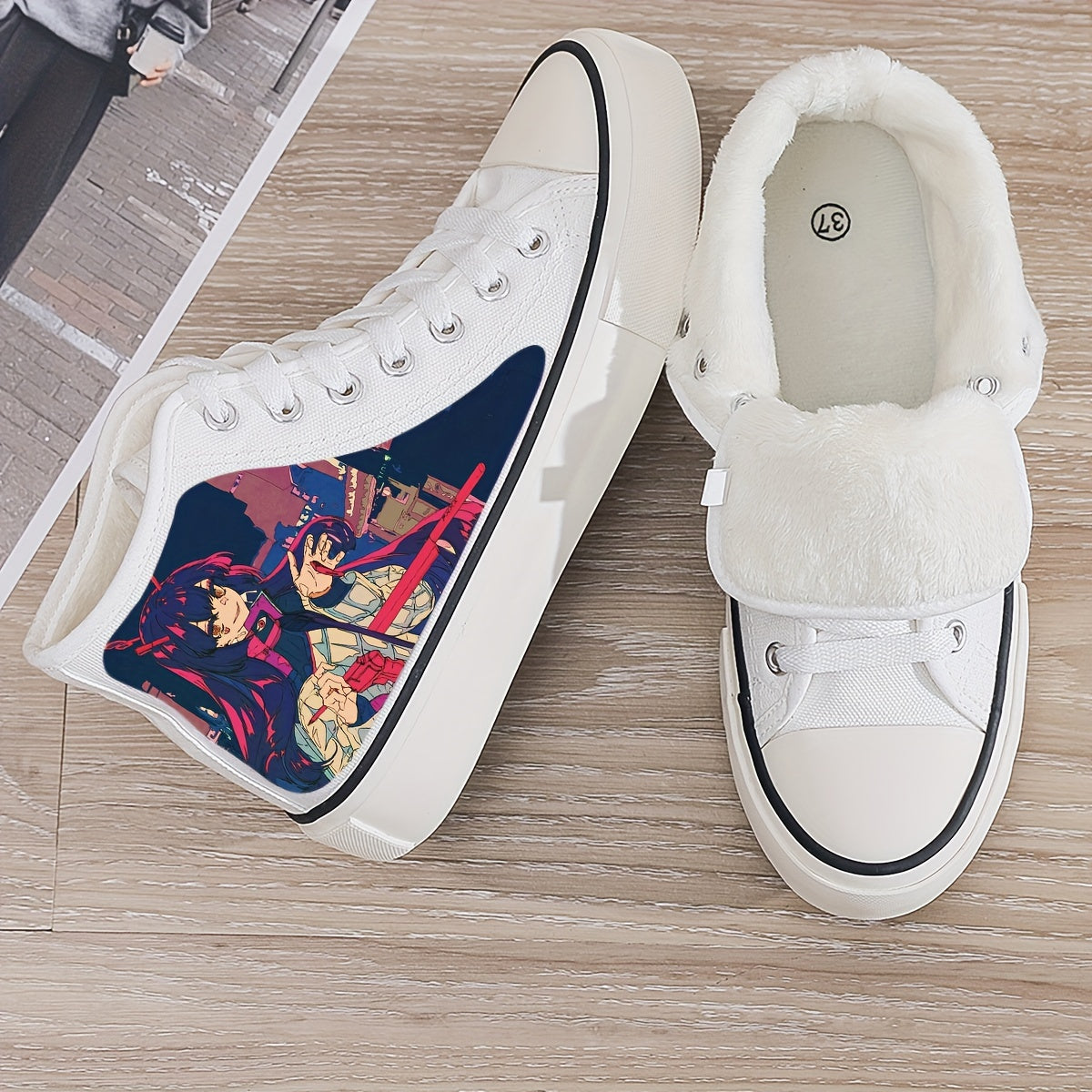 Anime Pattern High Top Skate Shoes with Plush Lining