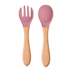 Silicone Spoon & Fork Set Mini Wooden Handle Utensils