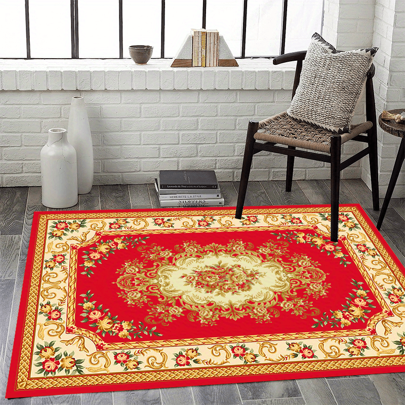 Red Floral Pattern Area Rug Non Slip Floor Mat Coffee Table Rectangle Carpet