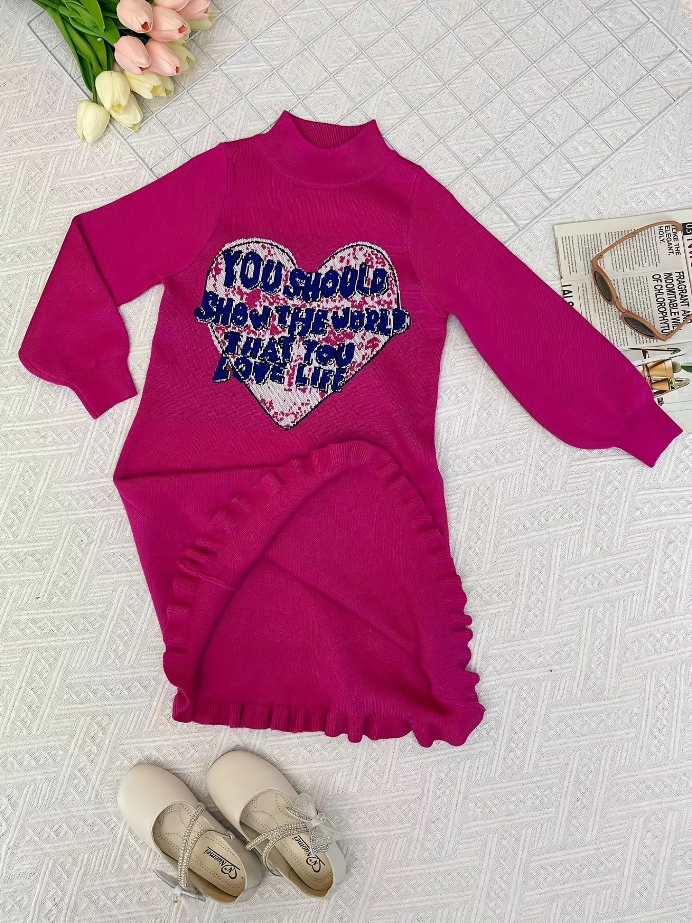 Girls Knitted Heart Jacquard Sweater Dress for Autumn and Winter