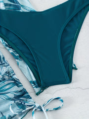 Leaf Print Bikini Set Halter Triangle Tie High Cut With Cover Up Swimsuit