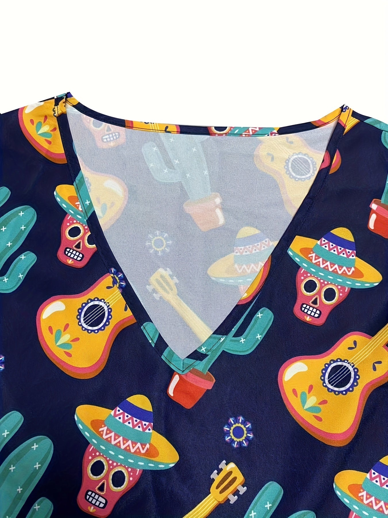  Funny Skull & Cactus Print Lantern Sleeve V Neck Top
