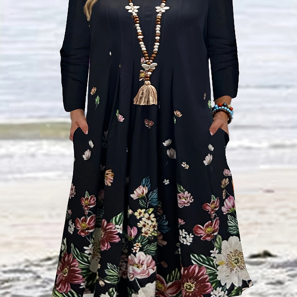  Floral Print Long Sleeve Dress With Pockets