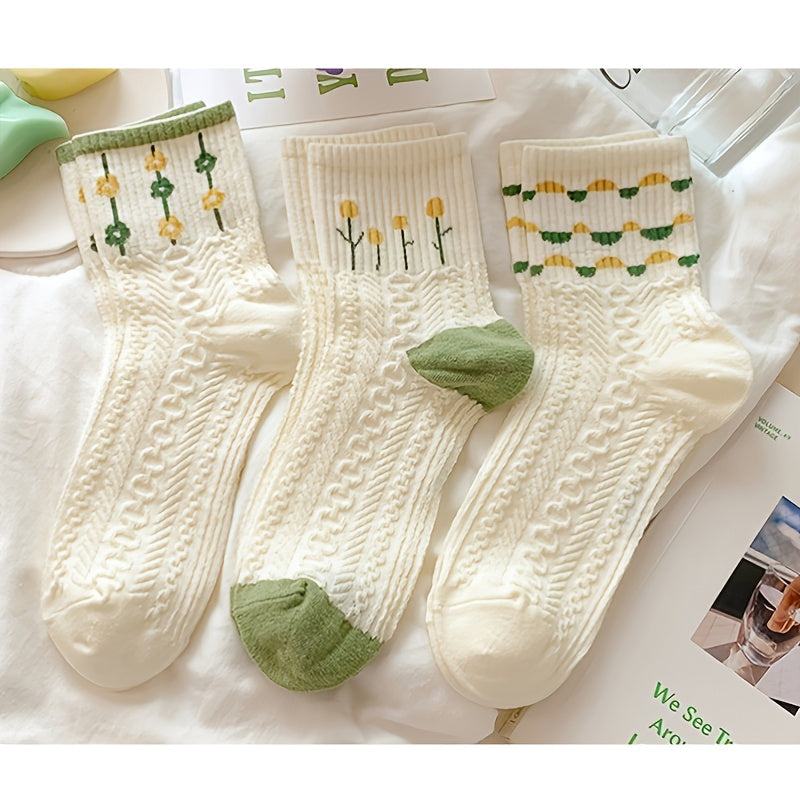 5 Pairs Retro Floral & Solid Texture Women's Socks